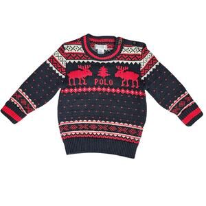 Polo Ralph Lauren Reindeer Holiday Sweater Navy Red Baby Size 12 Months